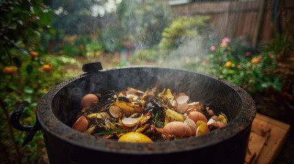 Organic Home Compost Bin in Garden with Decomposing Food Waste and Steam - Eco-friendly Recycling Concept