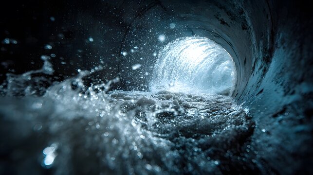 Cinematic shot from inside a concrete pipe looking out at rushing blue water flowing through the tunnel with dramatic splashing.