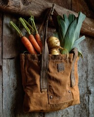 Authentic Eco-Friendly: Well-Used Canvas Tote Bag with Fresh Vegetables - Sustainability Concept