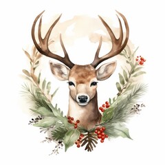 Watercolor Christmas Deer Portrait. Cute Adorable Woodland Animal for New year Card or Christmas Gift Decoration. Lovely Winter Holiday Mascot Face.	
