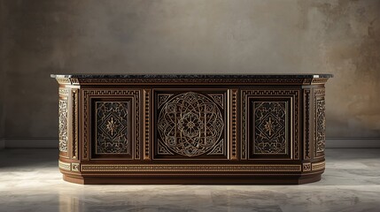 Elegant dark wood sideboard with intricate Islamic geometric carvings and luxury finish.