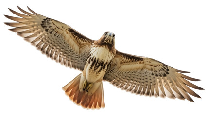 Isolated soaring Red-Tailed Hawk with wings spread, bird of prey in flight, majestic raptor