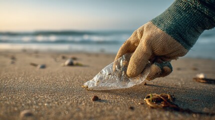 Community Beach Cleanup: Hand in Gardening Glove Removing Plastic from Sandy Shoreline - Environmental Conservation Realism