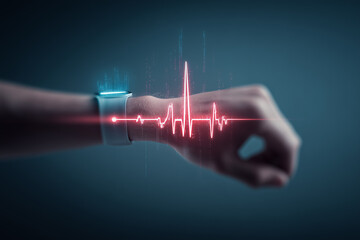 Close-up of arm wearing smartwatch with glowing red heartbeat line