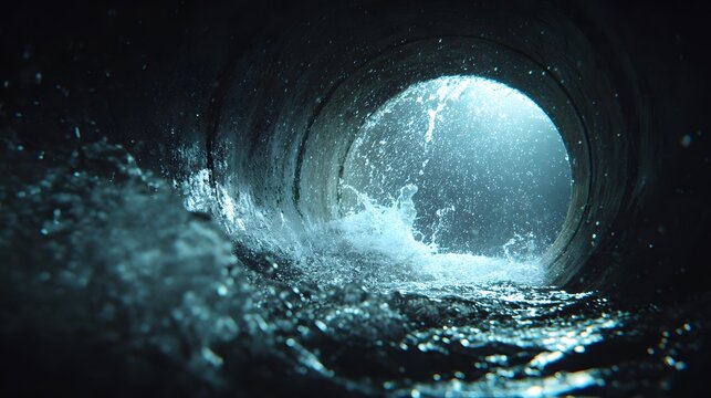 Cinematic shot from inside a concrete pipe looking out at rushing blue water flowing through the tunnel with dramatic splashing.