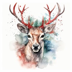 Watercolor Christmas Deer Portrait. Cute Adorable Woodland Animal for New year Card or Christmas Gift Decoration. Lovely Winter Holiday Mascot Face.	