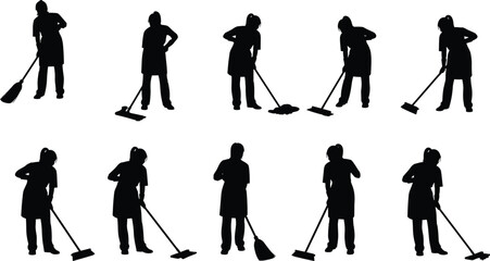 Fototapeta premium Silhouette vector set of cleaning workers performing various household chores with broom, mop, vacuum, spray, and dusting tools.