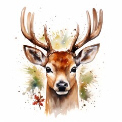 Watercolor Christmas Deer Portrait. Cute Adorable Woodland Animal for New year Card or Christmas Gift Decoration. Lovely Winter Holiday Mascot Face.	