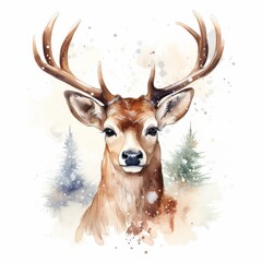 Watercolor Christmas Deer Portrait. Cute Adorable Woodland Animal for New year Card or Christmas Gift Decoration. Lovely Winter Holiday Mascot Face.	