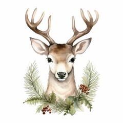 Watercolor Christmas Deer Portrait. Cute Adorable Woodland Animal for New year Card or Christmas Gift Decoration. Lovely Winter Holiday Mascot Face.	