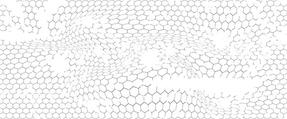 Fishing or soccer net. Repeated hexagon pattern. Black wired mesh texture isolated on white background. Metallic or fabric fence, cage or lattice structure. Vector graphic Illustration.