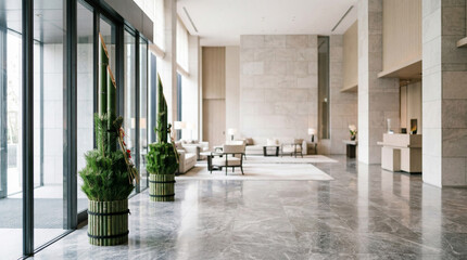Modern hotel lobby decorated with traditional Japanese kadomatsu arrangements, creating an elegant New Year atmosphere.
