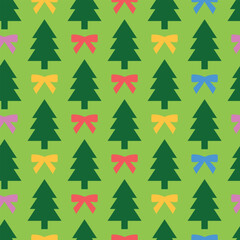 Festive seamless pattern with green Christmas Trees and colorful bows on the light background