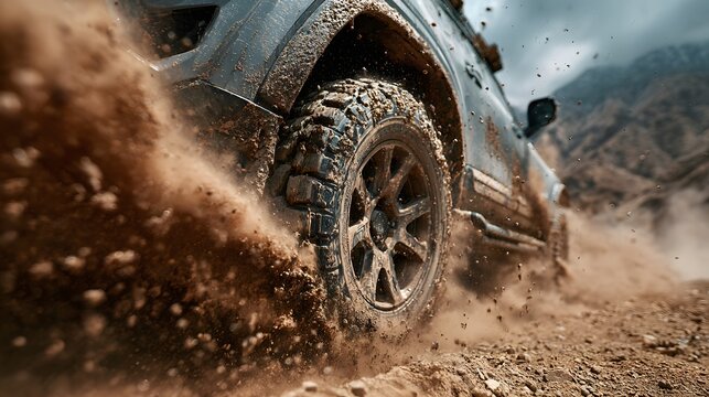 Close-up action shot of a car tire spinning in thick mud with dirt flying into the air and rugged off-road texture and motion.