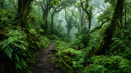 Fototapeta premium Lush Green Rainforest Path with Wet Foliage and Fog