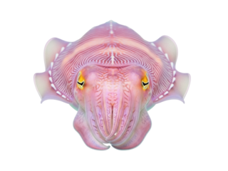 Isolated flamboyant cuttlefish with bright yellow eyes on a clean backdrop aquatic fauna