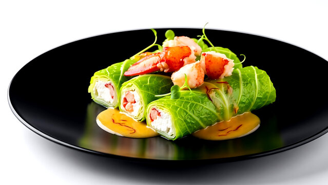 haute cuisine. Italian cannelloni di verza, delicate cabbage leaves replacing pasta, filled with ricotta and lobster, with a saffron beurre blanc, on a minimalist black plate