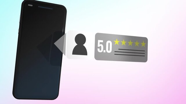 Conceptual mobile technology scene showing a smartphone receiving a prominent five star review card, representing positive user feedback, app store ratings