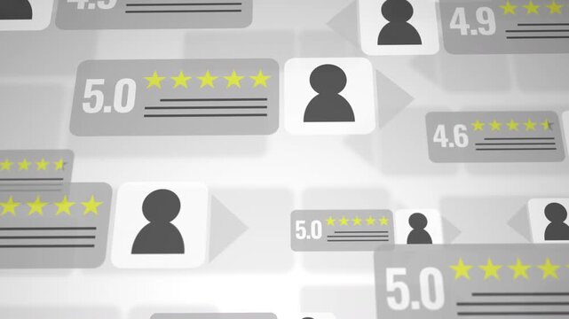 Close up view of a five star rating card with user icon and text lines, emphasizing positive customer feedback, review credibility