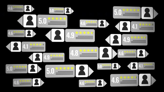 Stylized digital scene showing many layered star review panels and user profile icons on a light background, representing product ratings, online feedback loops