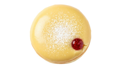 Isolated yellow donut with sugar powder and a red jelly heart on top delicious dessert