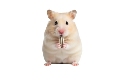 Isolated golden hamster eating sunflower seed, cute pet holding food in paws, rodent eating