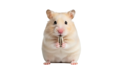 Isolated golden hamster eating sunflower seed, cute pet holding food in paws, rodent eating
