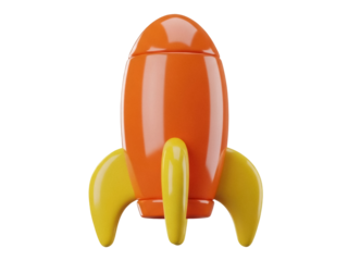 Isolated toy rocket, vivid orange capsule with yellow side fins, ready to launch skyward