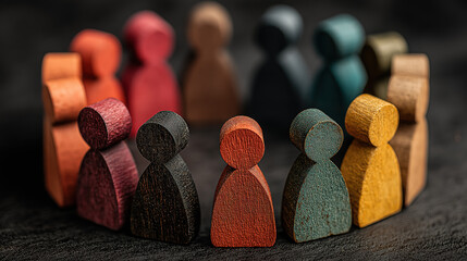 Colorful wooden figurines of people standing in circle representing diversity equality