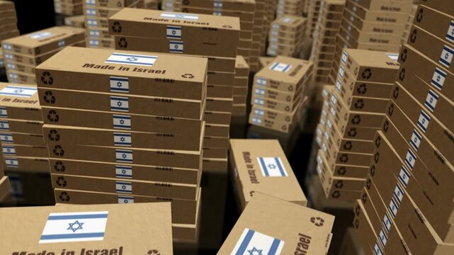 Made in Israel box production line. Israeli export import Cardboard pack factory. Abstract concept 3d loopable seamless.