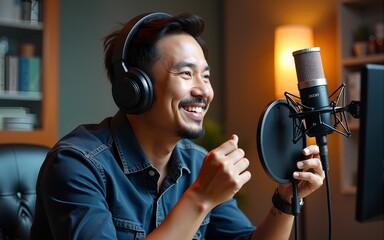 A middle aged Southeast Asian man setting up microphones for an inoffice podcast recording session. High quality