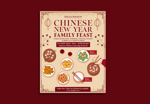 Editable Chinese New Year Family Feast Restaurant Advertising Poster Template with Delicious Chinese Dishes in Red and Beige Color Design.