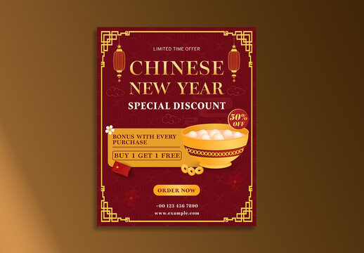 Editable Chinese New Year Restaurant Poster Template with Fifty Percent Discount on Food in Red and Gold Design.