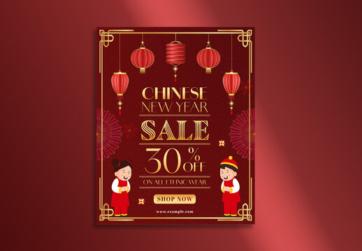 Editable Chinese New Year Sale Poster Template with 30 Percent Discount Offer on All Ethnic Wear in Red and Gold Design.