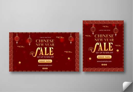Editable Chinese New Year Sale TV Ads Banner and Post Template with Fifty Percent Discount Offer in Red and Gold Design.