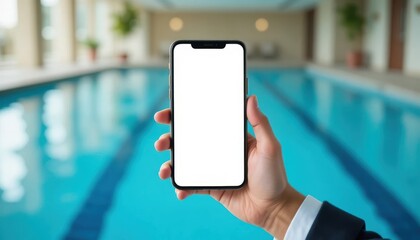 Smartphone held in hand near indoor pool area Generative AI