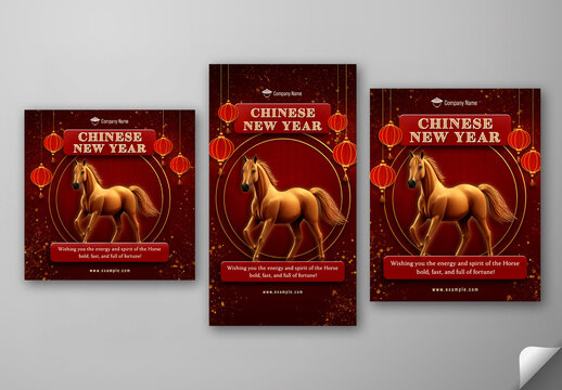 Editable 2026 Chinese New Year Party Social Media Post Template Set in Golden and Red Color for Year of the Horse Celebration.
