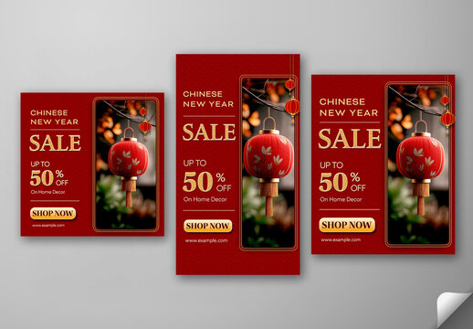 Editable Chinese New Year Sale Social Media Post Template Set with Fifty Percent Discount Offer on Home Decor Items in Red and Golden Color.
