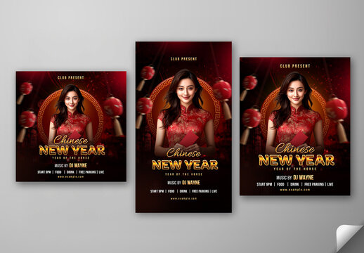 Editable 2026 Chinese New Year Celebration Social Media Post Template Set with Chinese Woman Photo on Dark Red Background.