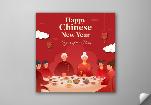 Editable Happy Chinese New Year 2026 Greeting Card Post with Asian Family Dining Together Illustration for Year of the Horse Celebration.