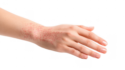 Red rash affecting the hand, indicating allergic dermatitis, isolated on a transparent background. Ideal for use in medical and healthcare publications addressing skin conditions