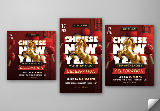 Editable 2026 Chinese New Year Party Social Media Post Template Set in Golden and Red Color for Year of the Horse Celebration.