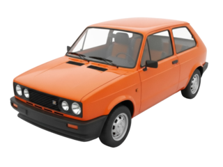 Isolated orange small hatchback, vintage car from the eighties, on light background