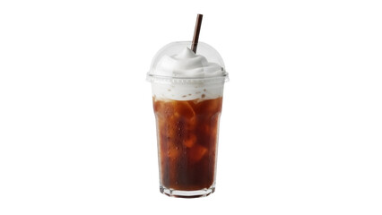 Isolated Iced Coffee Drink with Cream Topping and Straw in a Tall Clear Plastic Cup for Dessert