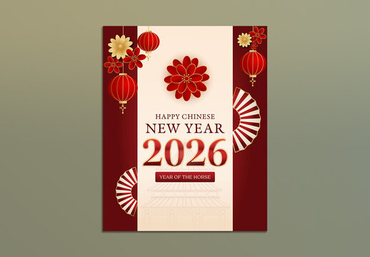 Year of the Horse, Editable 2026 Happy Chinese New Year Greeting Card Template with Festival Elements on Red and Beige Background.