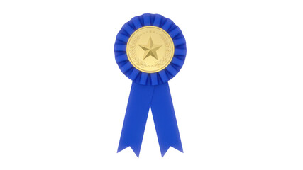 Isolated Blue Rosette Ribbon Award with Gold Star Medallion on White Background