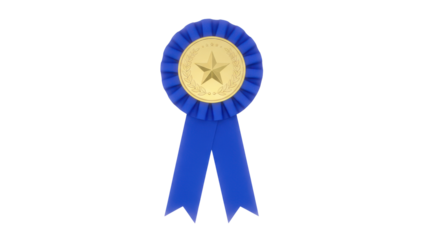 Isolated Blue Rosette Ribbon Award with Gold Star Medallion on White Background