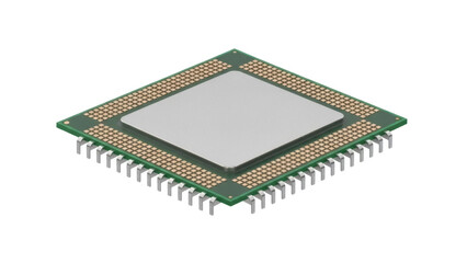 Isolated computer central processing unit chip CPU with pins, macro view, processor element
