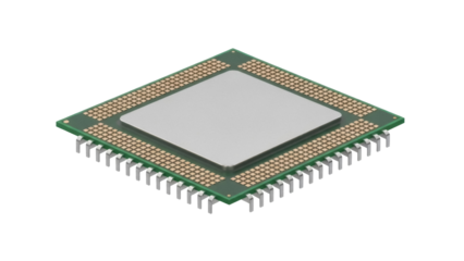 Isolated computer central processing unit chip CPU with pins, macro view, processor element