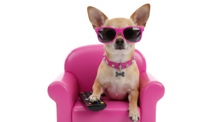 Funny Chihuahua Dog Wearing Pink Sunglasses Sitting in Small Pink Armchair Holding TV Remote
